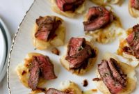 Smashed Potato Crostini with London Broil and Caramelized Onions