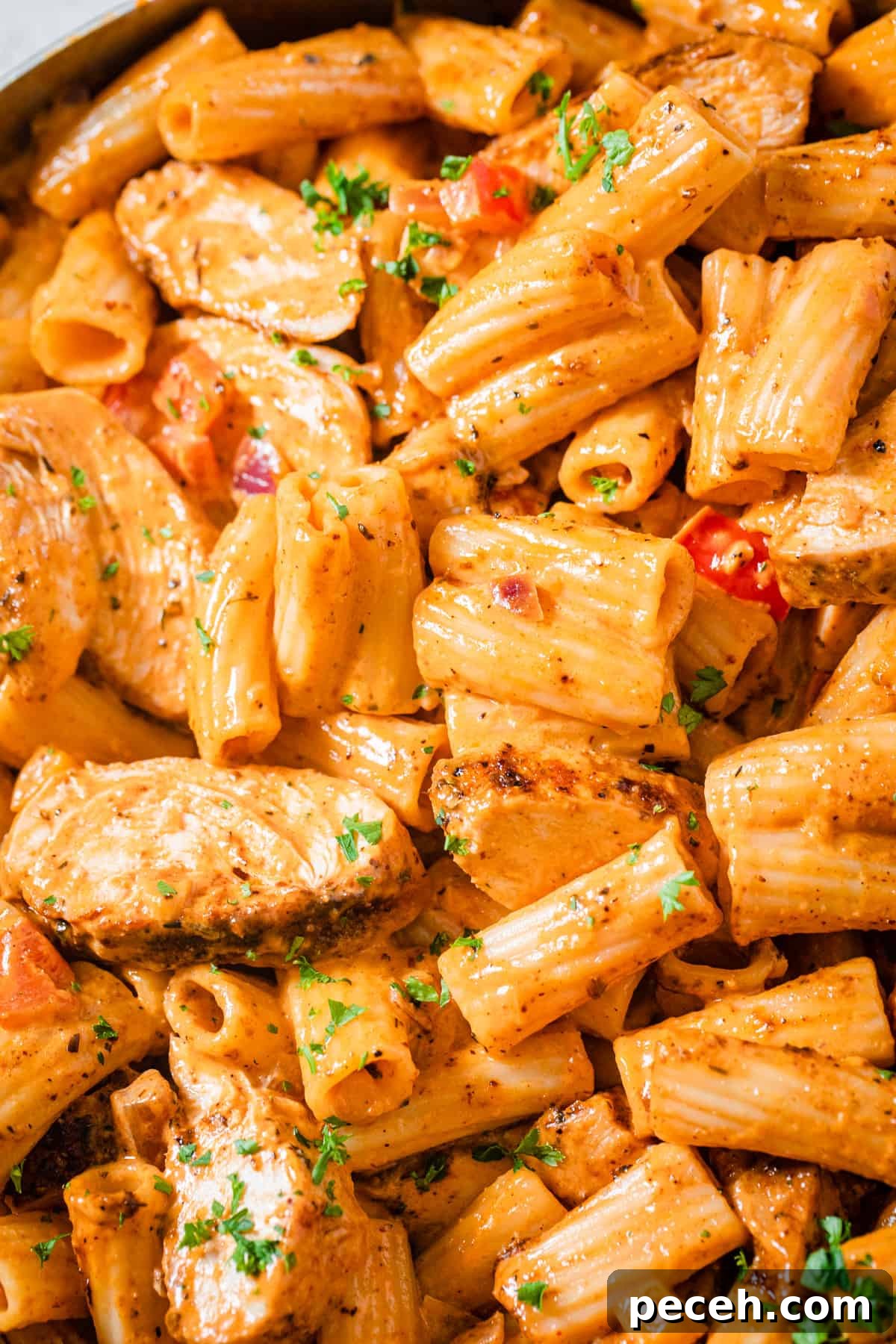 Creamy Cajun Chicken Pasta Recipe with Parmesan and Peppers 4 close up of chicken pasta in a pan