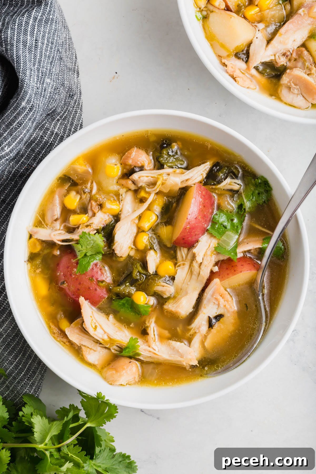 Roasted Chicken and Poblano Soup Recipe 2 A photo of roasted poblano chicken soup filled with roasted red potatoes and corn.