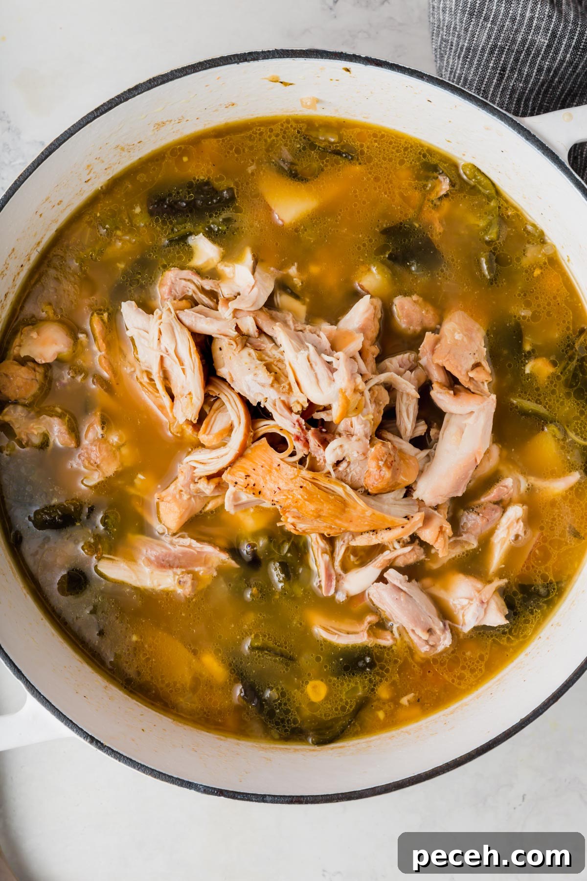 Roasted Chicken and Poblano Soup Recipe 12 A white dutch oven with a poblano soup topped with shredded chicken.