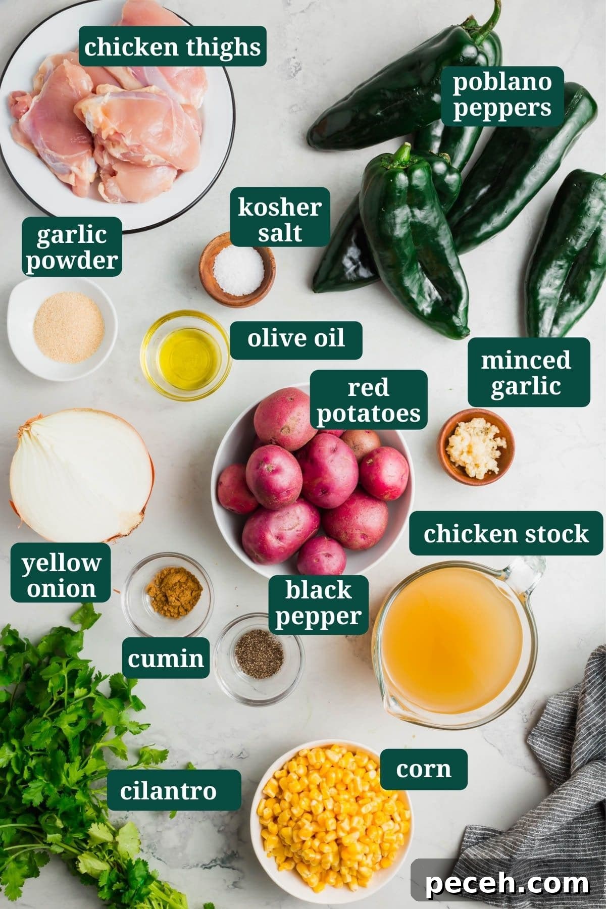 Roasted Chicken and Poblano Soup Recipe 3 an overhead photo of ingredients for roasted poblano potato soup in bowls.