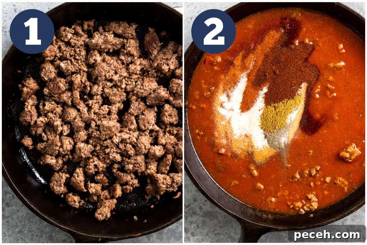 Collage showing cooked ground beef in a skillet then with tomato sauce and seasonings added. 