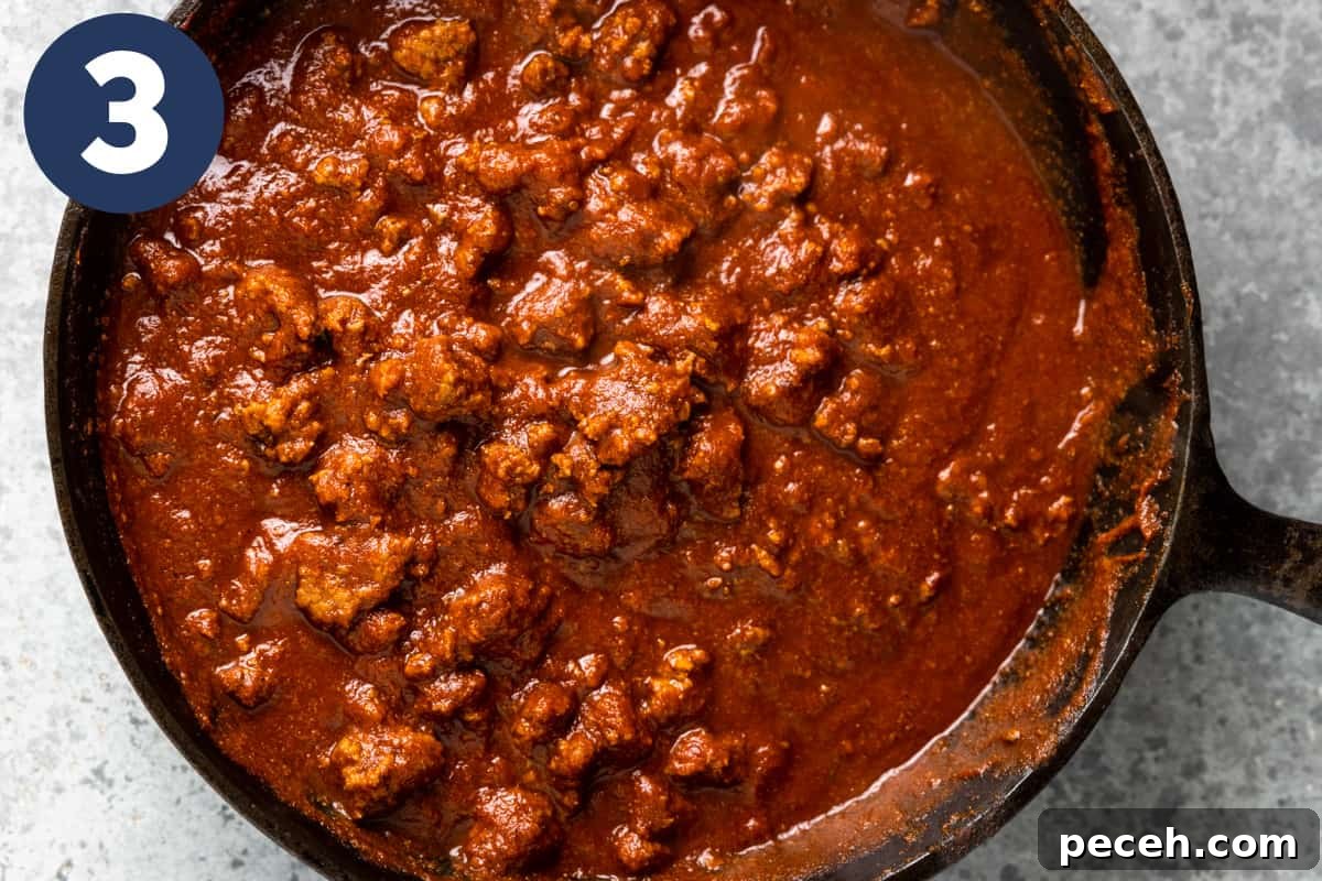 Skillet filled with an easy Texas style chili. 