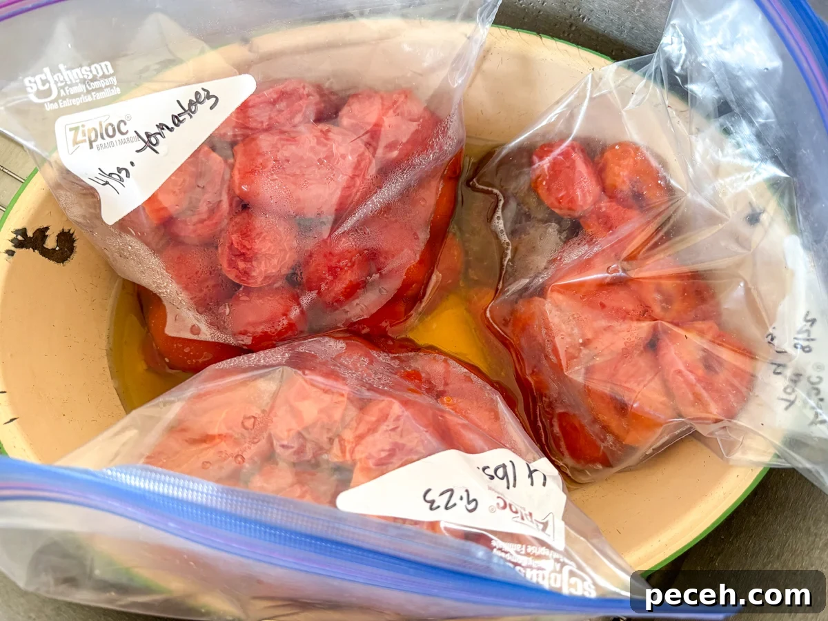 Canned Pizza Sauce Recipe Using Fresh or Frozen Tomatoes 4 thawing bags of frozen tomatoes in enamel bowl