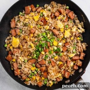 Crispy SPAM Fried Rice Recipe for Quick Weeknight Meals 12 Spam fried rice in a pan garnished with sliced scallions.
