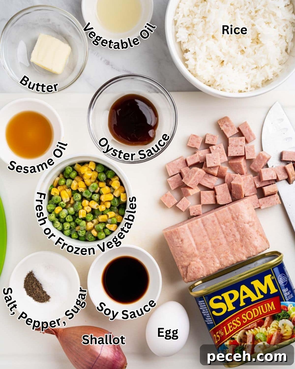 Crispy SPAM Fried Rice Recipe for Quick Weeknight Meals 3 Labeled ingredients needed for spam fried rice.