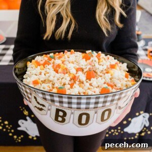 A person in a black sweater holds a large bowl of popcorn mixed with orange and green candies. The bowl is decorated with a checkered pattern and the word BOO.