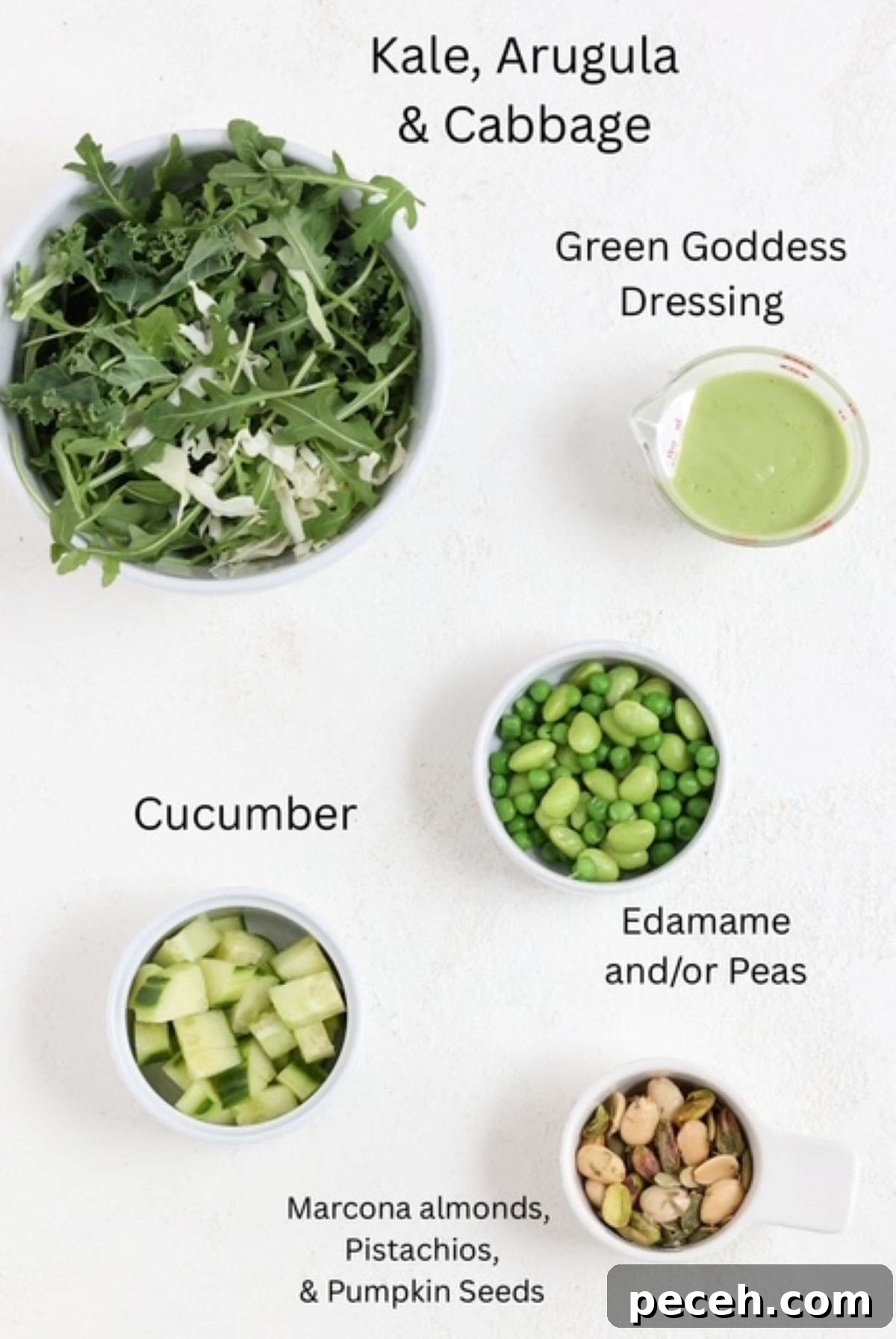 Creamy Green Goddess Salad with Homemade Herb Dressing 3 Green Goddess Salad ingredients, labeled.