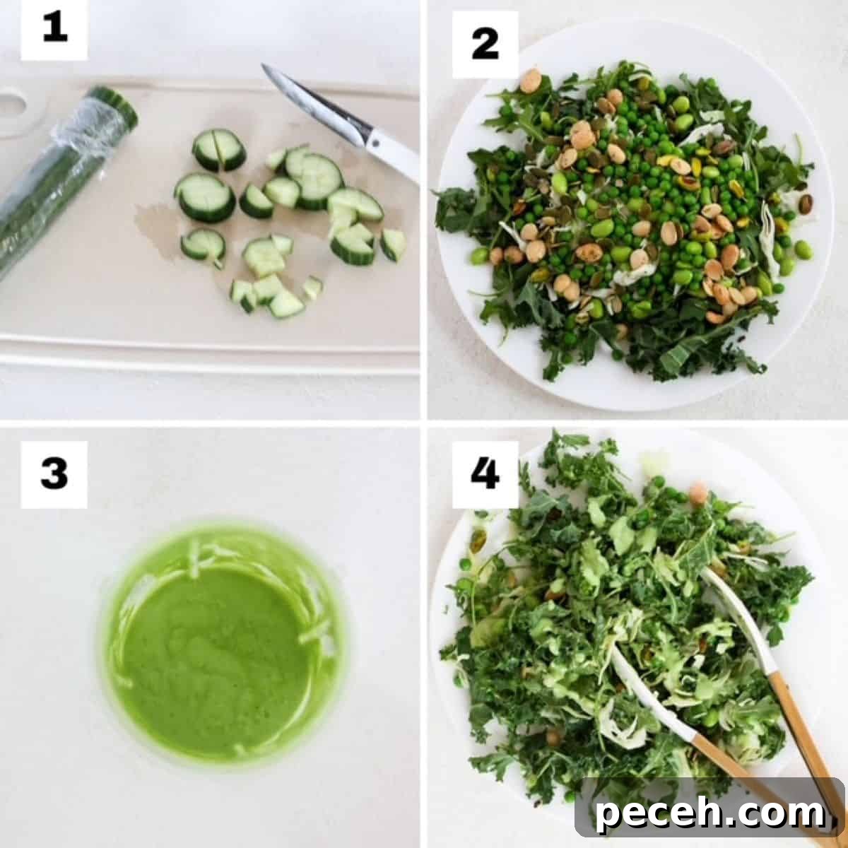 Creamy Green Goddess Salad with Homemade Herb Dressing 4 Four numbered images showing how to make a green goddess salad.