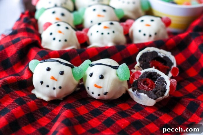 Snowman Brownie Bombs broken in half.