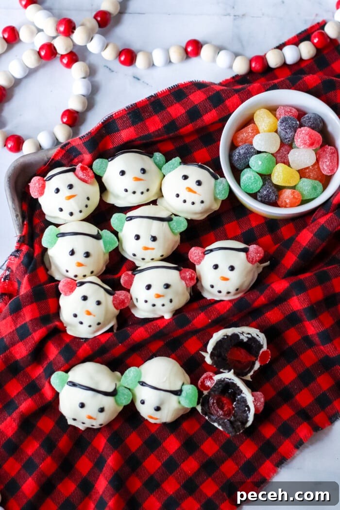 Snowman Brownie Bombs on a table cloth.