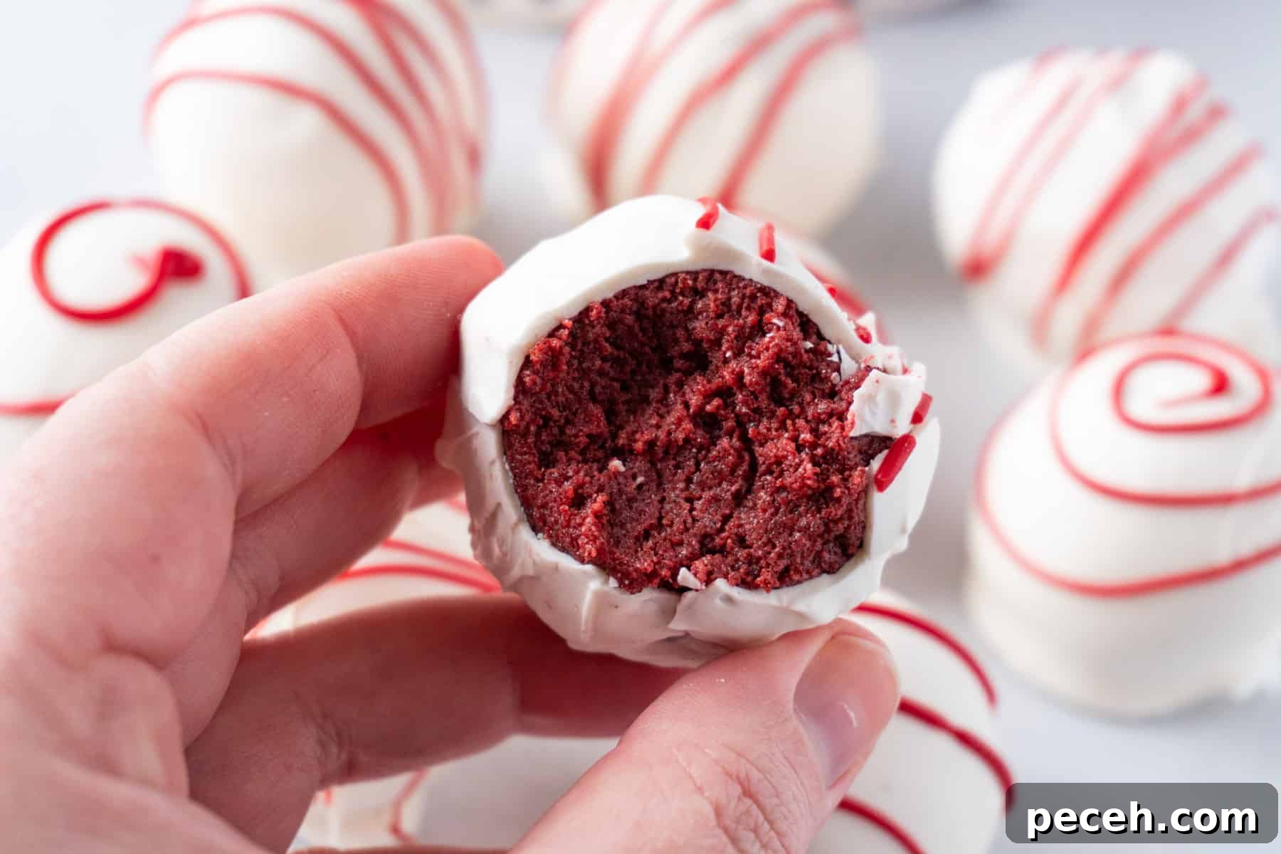 Holding a cake ball with a bite taken out.