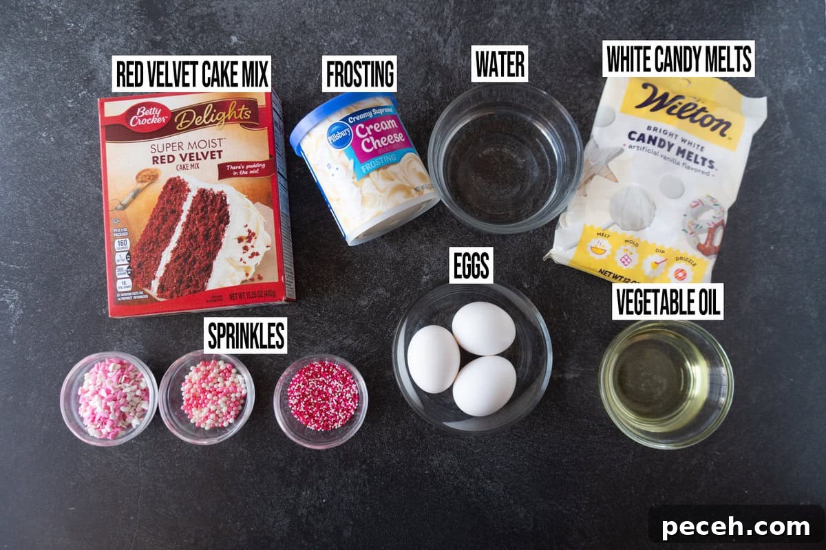 red velvet cake balls ingredients laid out and labeled.