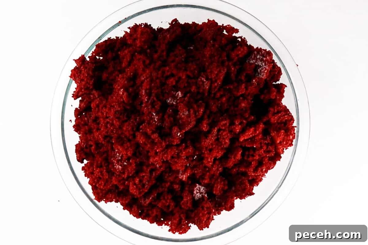 crumbled red velvet cake in glass bowl.