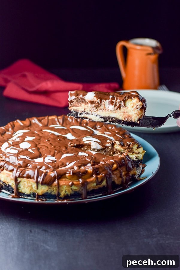 Decadent Rocky Road Cheesecake Recipe for Chocolate Lovers 9 Piece of cheesecake being lifted over the cheese cake. there is a plate, fork and little pitcher of ganache in the background