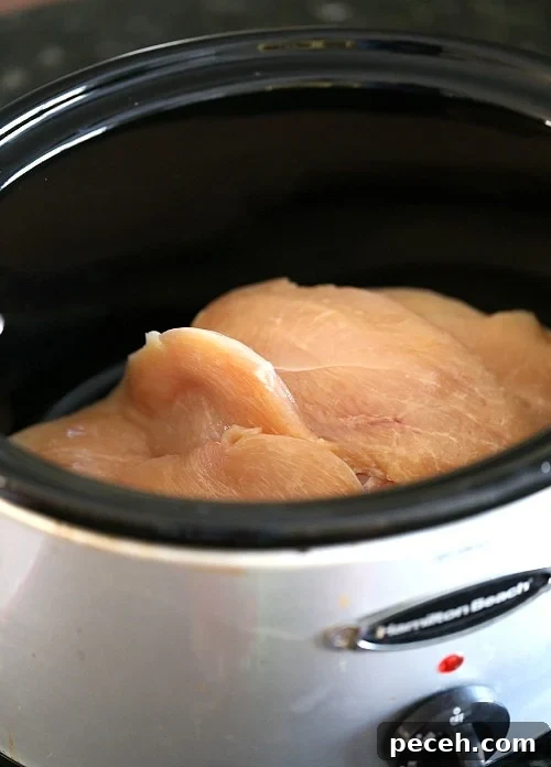 Slow Cooker Mexican Fiesta Chicken Recipe for Tender Shredded Meat 3 Slow Cooker Fiesta Chicken. Easy, low fat and can be used for so many dinners! | www.cookiesandcups.com