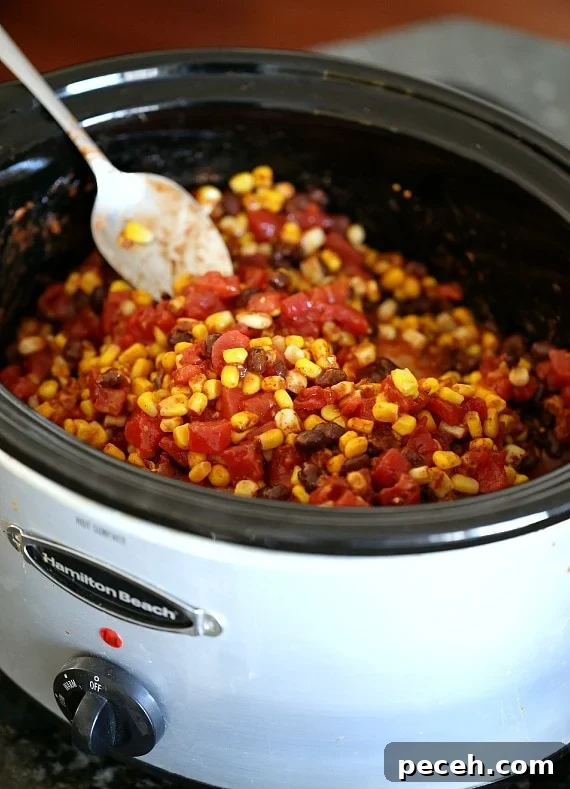 Slow Cooker Mexican Fiesta Chicken Recipe for Tender Shredded Meat 8 Slow Cooker Fiesta Chicken. Easy, low fat and can be used for so many dinners! | www.cookiesandcups.com