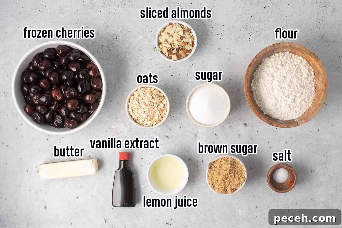 Frozen cherries, flour, sugar, and other ingredients in bowls with text.