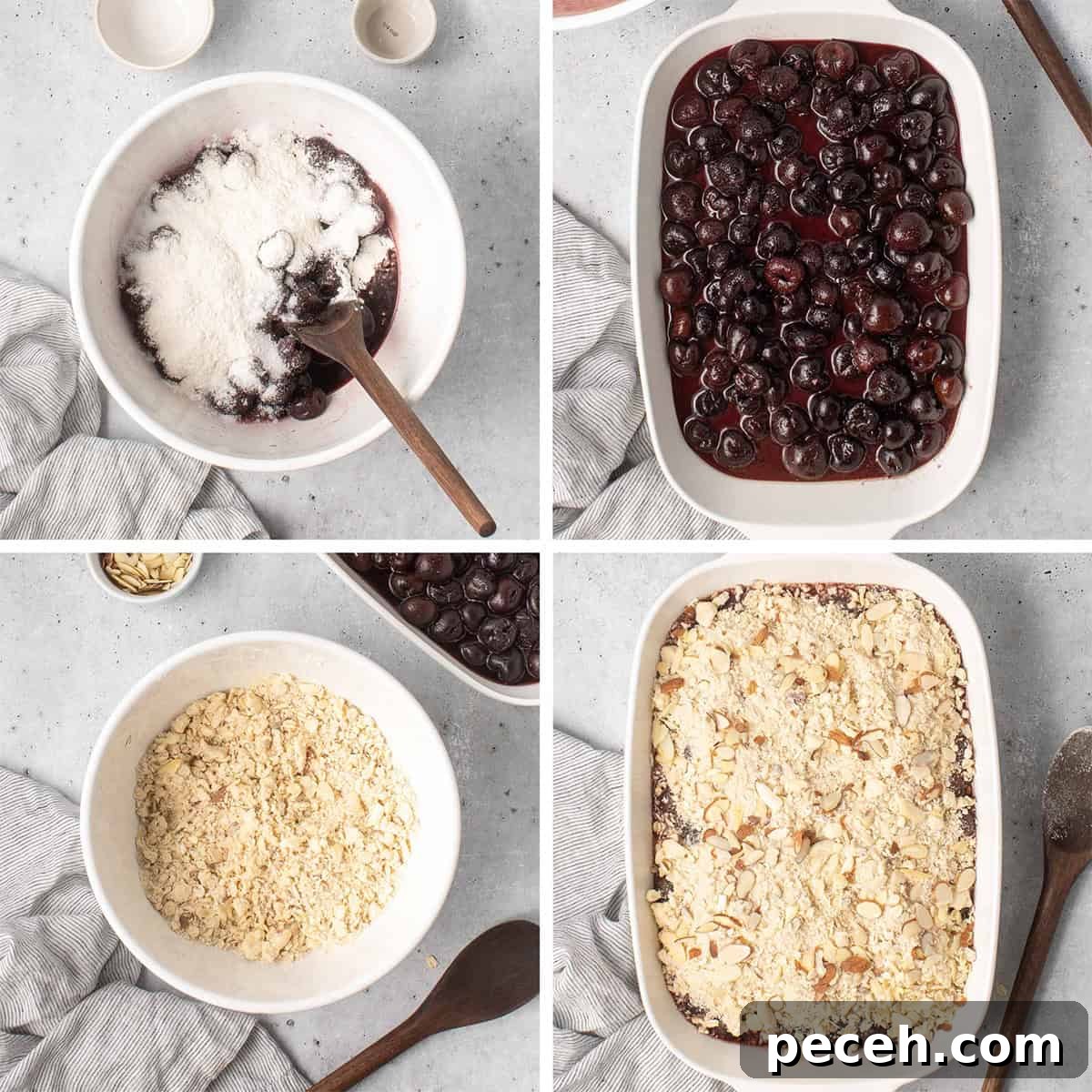 Four images of cherries and a sugar mixture in a bowl and in a baking pan with a nut topping.