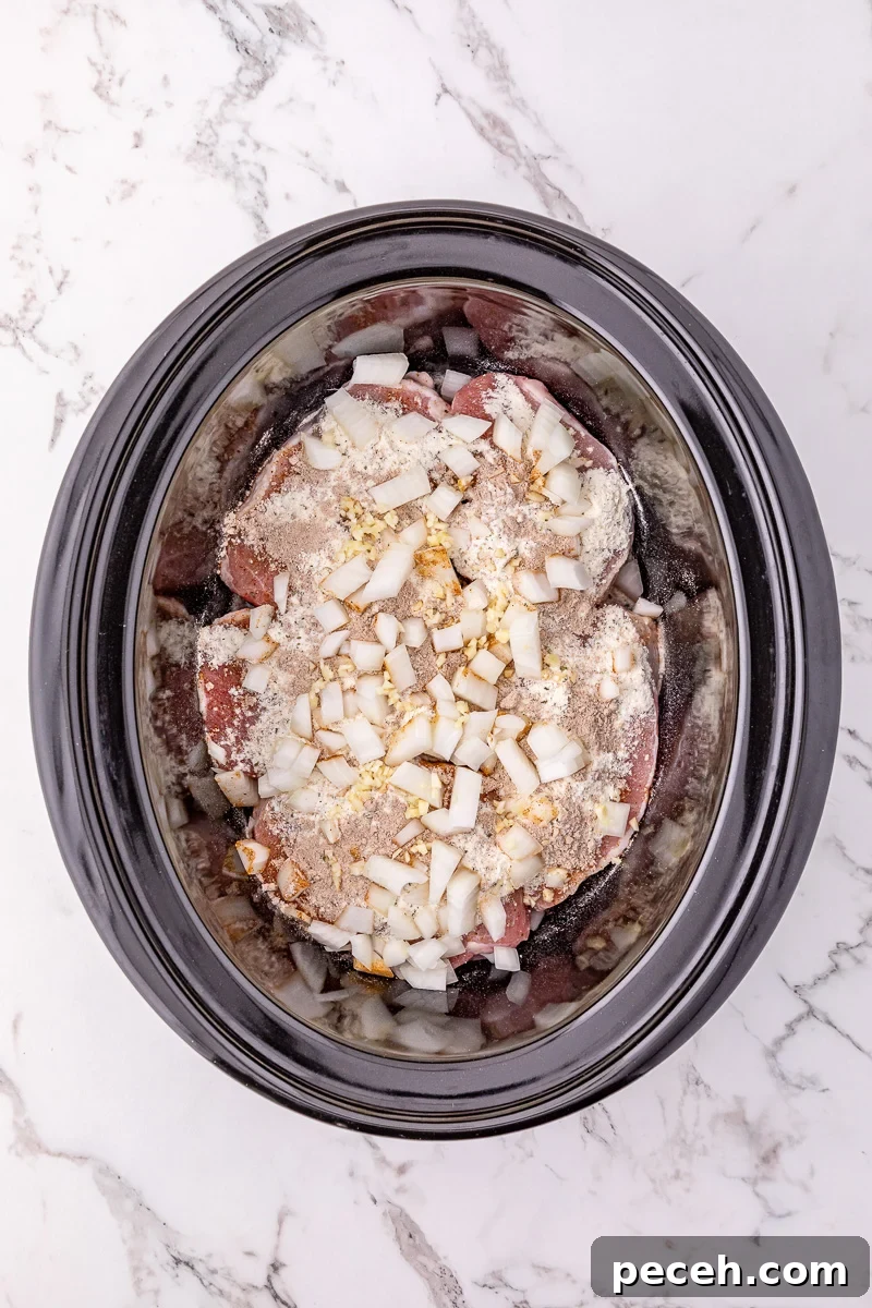 First set of ingredients in crockpot.