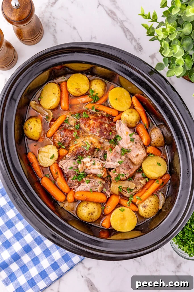 Crockpot pork roast overhead view in slow cooker.