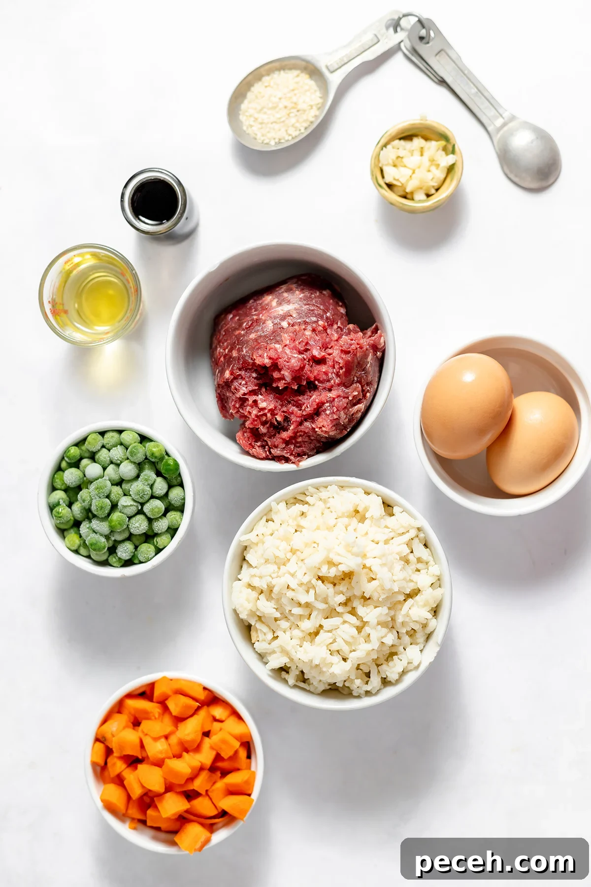 Ground Beef Fried Rice Recipe: Flavorful One-Pan Dinner 4 Ingredients to make ground beef fried rice set out on counter.