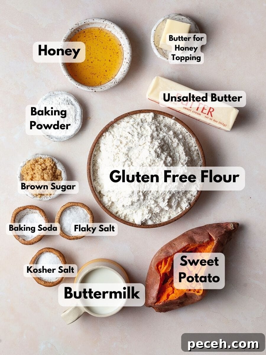 Gluten-Free Sweet Potato Biscuits Recipe for Fluffy, Tender Biscuits 3 Ingredients to make gluten free sweet potato biscuits topped with honey butter