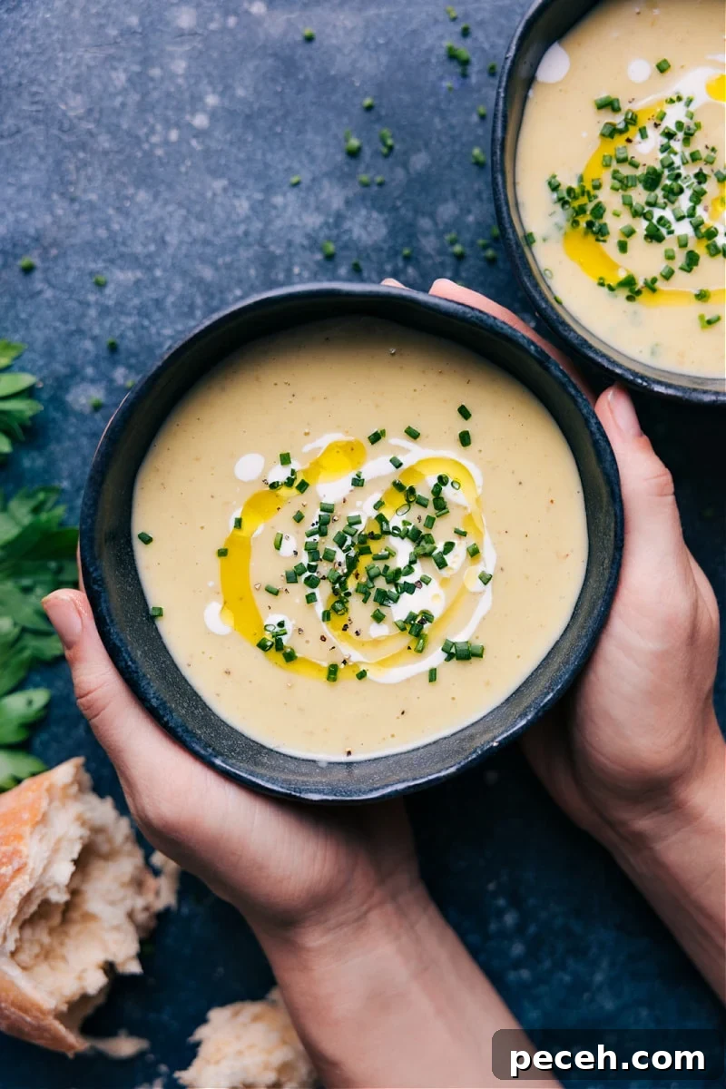 This Potato Leek Soup combines buttery golden potatoes with fresh leeks in a hearty, thick, and downright delicious soup. Overhead image of Potato Leek Soup