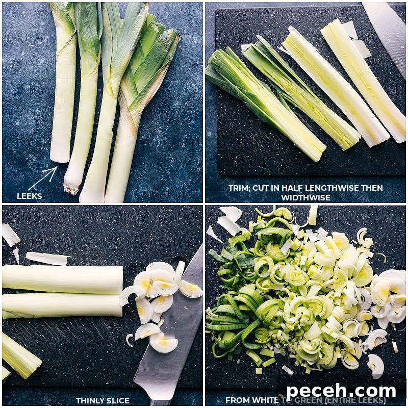 Creamy Potato and Leek Soup Recipe for Cozy Dinners 3 Process shots-- images of the leeks being chopped