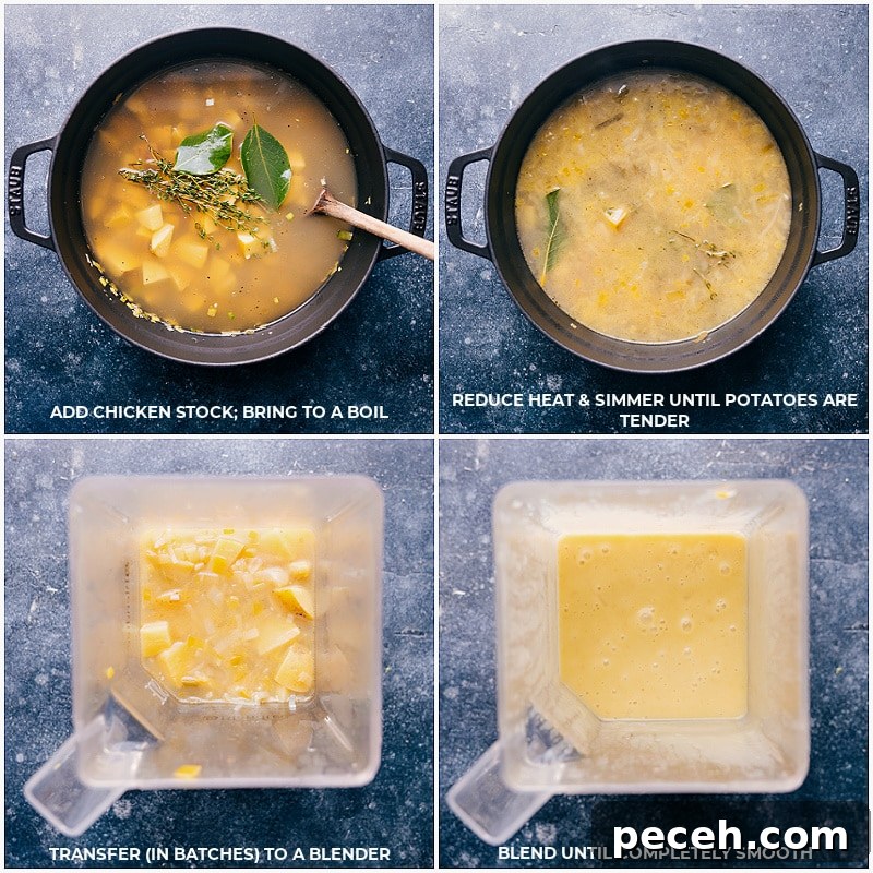 Creamy Potato and Leek Soup Recipe for Cozy Dinners 5 Process shots-- images of the soup being cooked and then blended