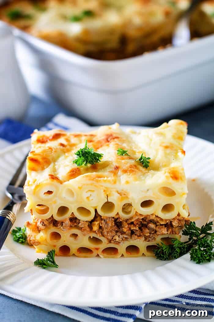 Classic Greek Pastitsio Recipe: Savory Baked Pasta Casserole 2 A front close up shot of pastitsio casserole slice