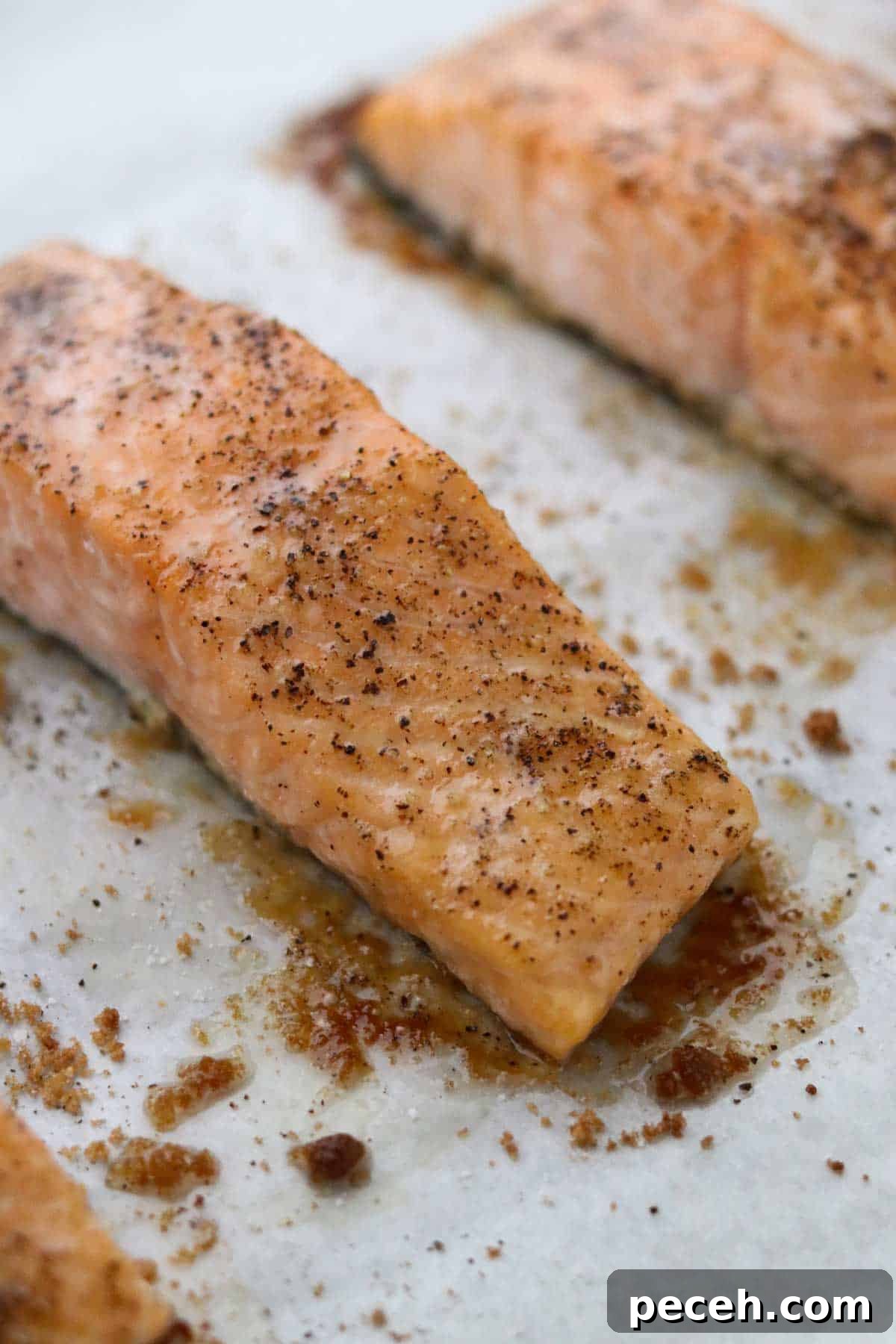 Brown Sugar Butter Baked Salmon with Garlic and Lemon 2 Baked Salmon with Butter and Brown Sugar on a baking sheet.