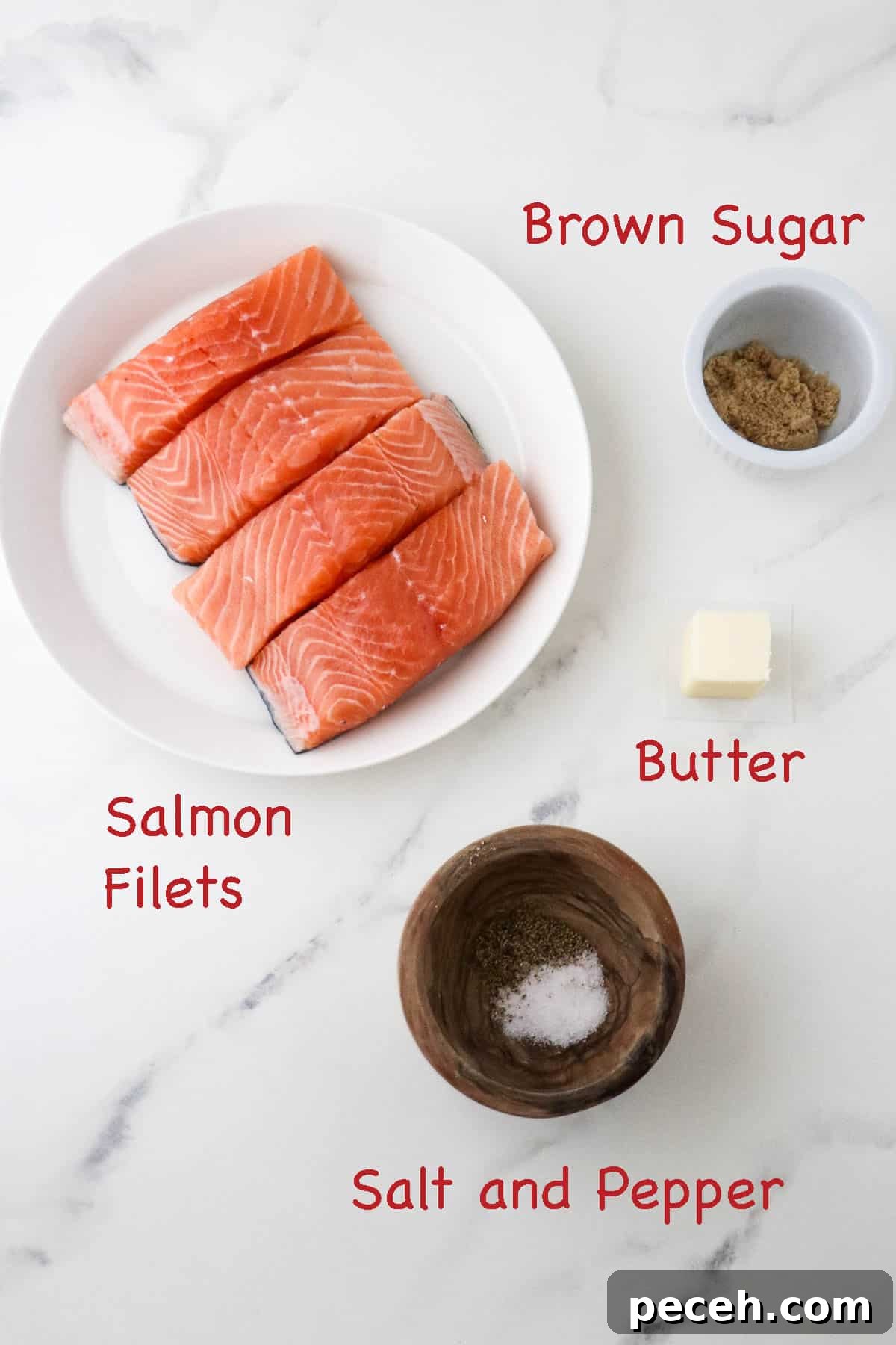 Brown Sugar Butter Baked Salmon with Garlic and Lemon 3 Labeled ingredients for Baked Salmon with Butter and Brown Sugar.