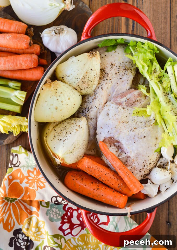 A Dutch oven with chicken stock, onions, celery, carrots and chicken breasts. Onion, carrots, celery a colorful napkin is beside the pot.