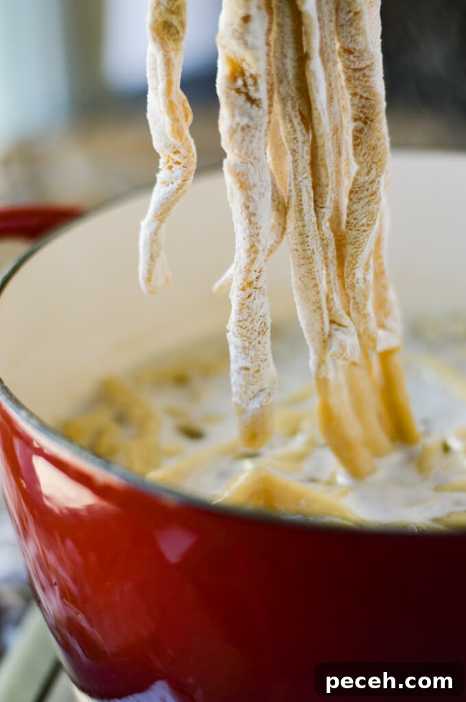 A pot of vegetable broth with uncooked homemade egg noodles being added to it.