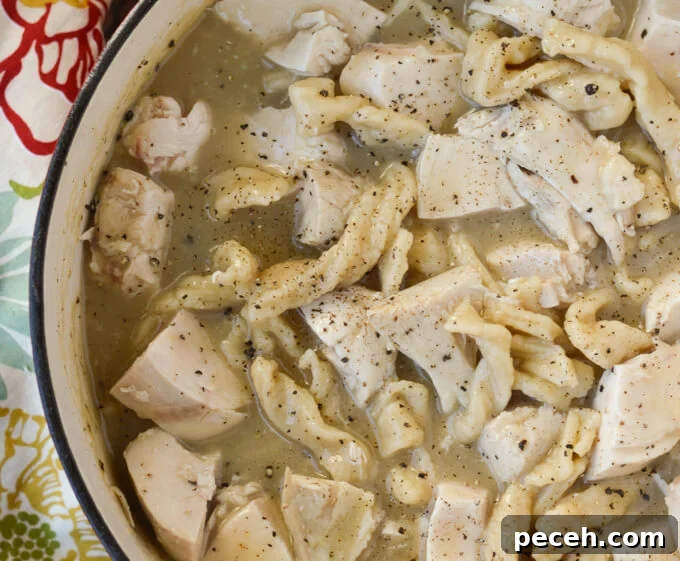 Homemade chicken noodles soup in a Dutch oven with a colorful napkin next to it.