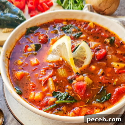 Panera 10-Vegetable Soup Copycat Recipe: Homemade Version 2 A white bowl is filled with vegetable soup and topped with a twisted lemon slice. An onion, parsley, and red and green peppers are in the background.