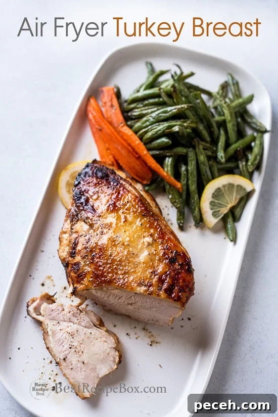 Healthy air fryer turkey breast recipe on bestrecipebox.com Air Fried Turkey Breast Recipe in the Air Fryer with Lemon Pepper or Herbs on a plate