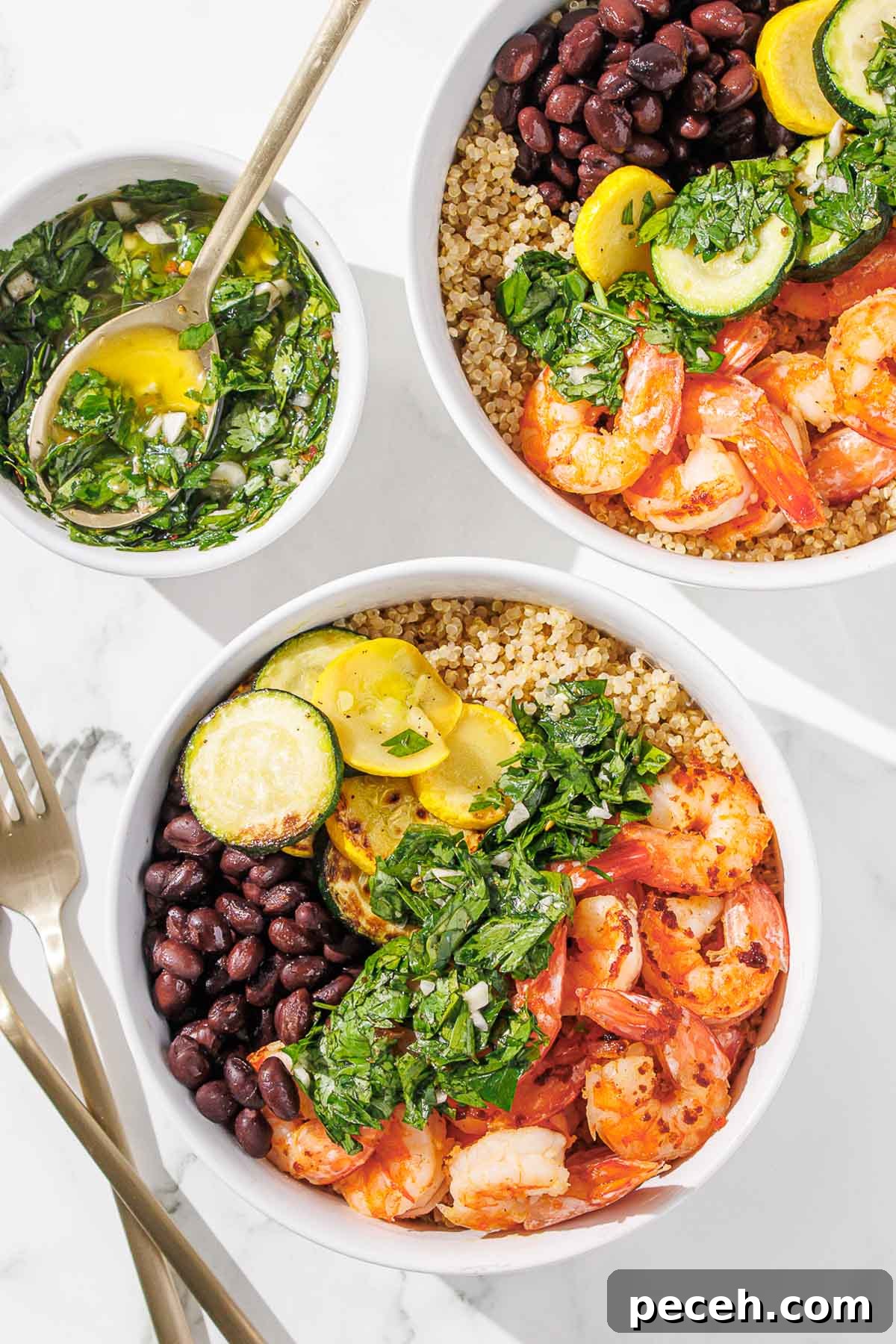 Cilantro Chimichurri Sauce: Zesty Recipe for Grilled Meats and Veggies 11 Two bowls with shrimp, black beans and cilantro chimichurri.