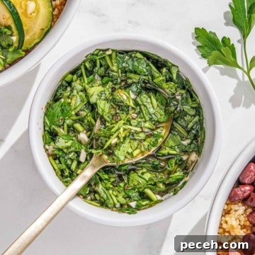 A bowl of cilantro chimichurri between two grain bowls with black beans, steak, and quinoa.