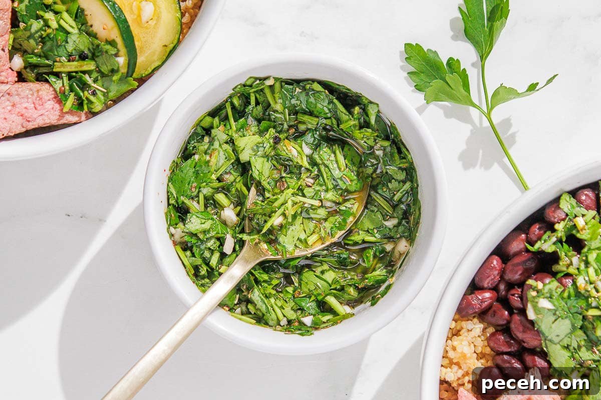 Cilantro Chimichurri Sauce: Zesty Recipe for Grilled Meats and Veggies 3 A bowl of cilantro chimichurri between two steak chimichurri bowls.