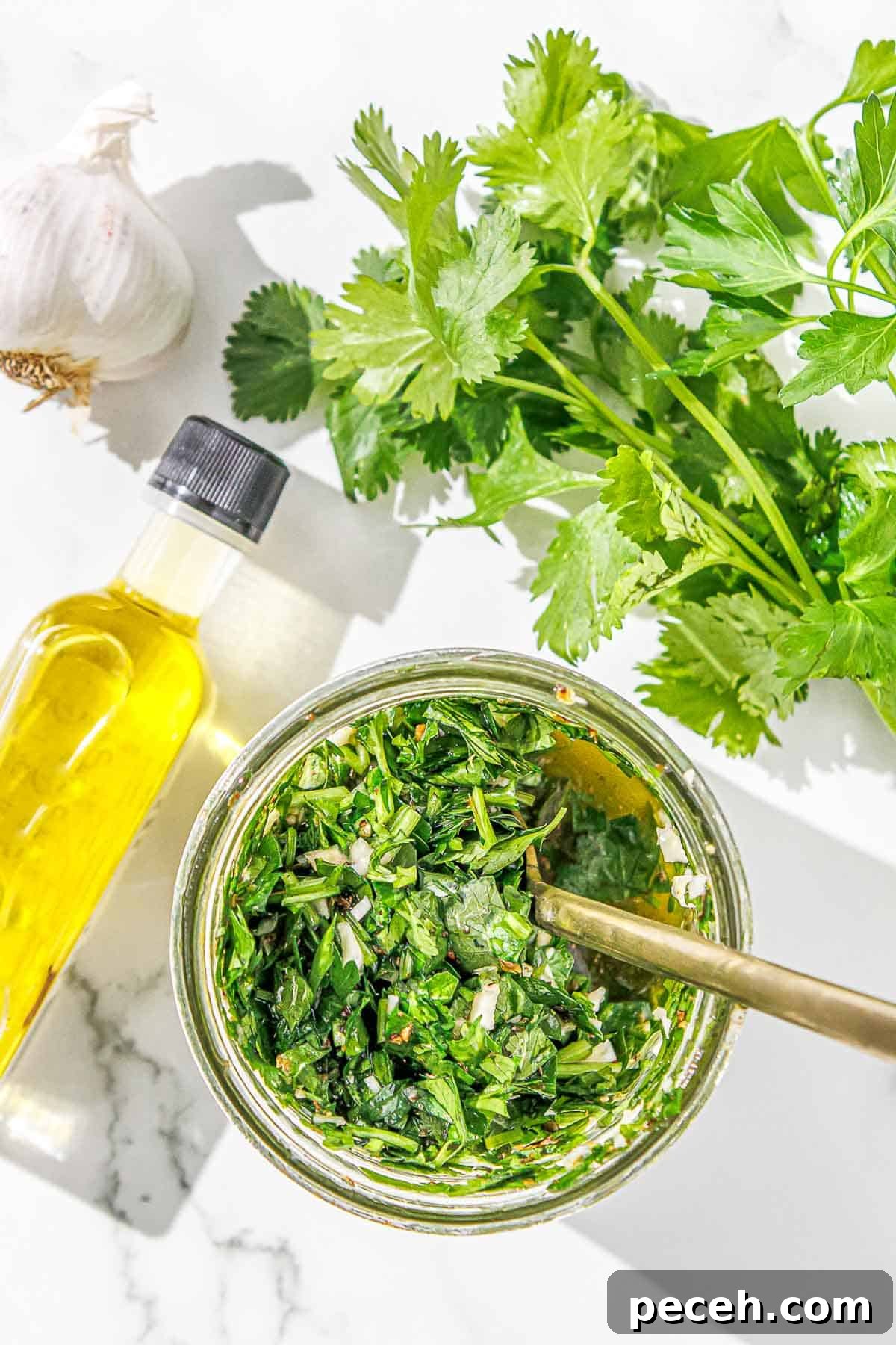Cilantro Chimichurri Sauce: Zesty Recipe for Grilled Meats and Veggies 10 A bowl of cilantro chimichurri surrounded by olive oil, parsley, and garlic.
