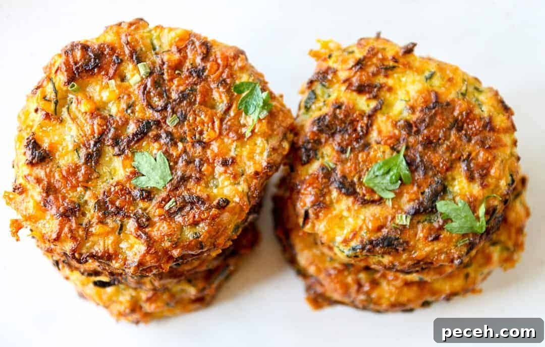 Gluten-Free Baked Zucchini Fritters Recipe 5 top down view of two stacks of baked zucchini fritters
