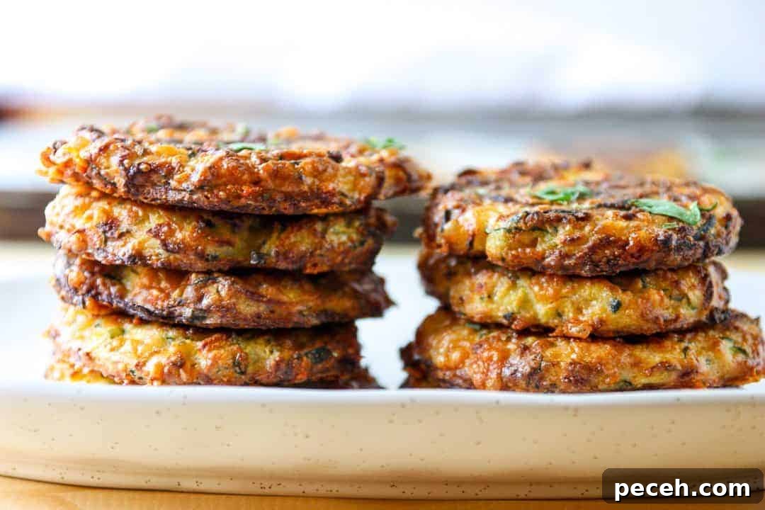 Gluten-Free Baked Zucchini Fritters Recipe 6 Two stacks of baked zucchini fritters on a plate