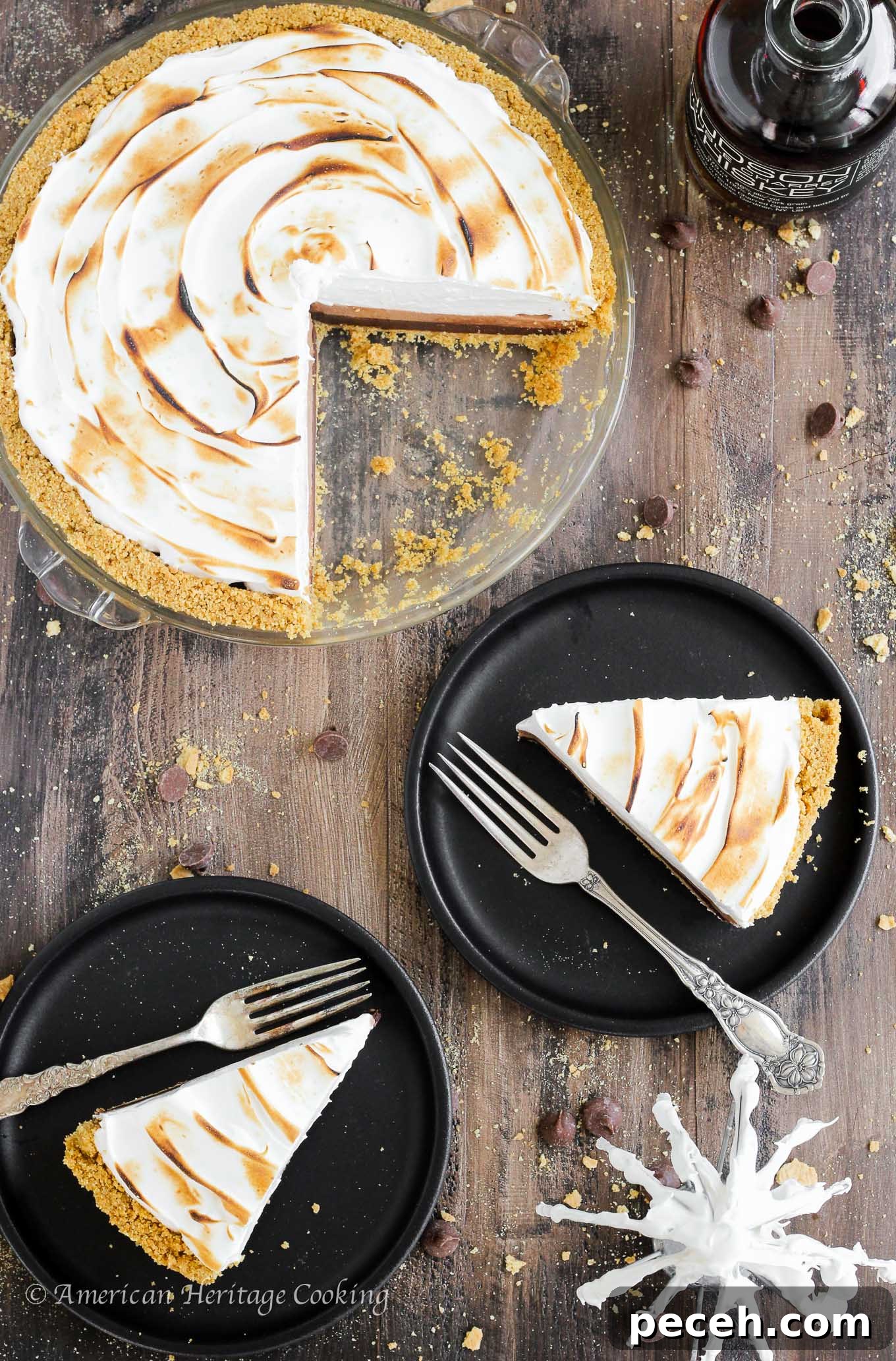 No-Bake Whiskey S'mores Pie Recipe for Rich, Boozy Dessert 2 No Bake Whiskey Smores Pie with layers of ganache, mousse and marshmallow