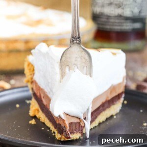 No-Bake Whiskey S'mores Pie Recipe for Rich, Boozy Dessert 5 No bake whiskey smores pie with antique fork.