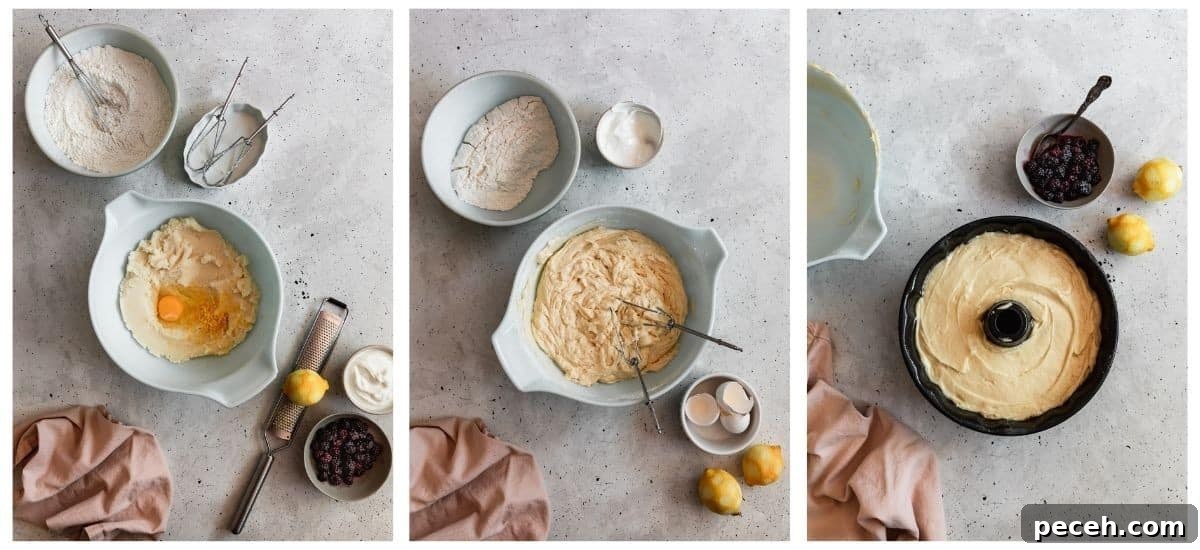 Lemon Sour Cream Pound Cake with Blackberry Glaze 5 Three overhead images on a grey table on how to make sour cream lemon pound cake. On the left, a white bowl is filled with butter, sugar and eggs surrounded by baking ingredients. In the middle, a white bowl of cake batter surrounded by used ingredients. On the right, a black Bundt pan filled with batter next to a couple of lemons and a bowl of blackberries.