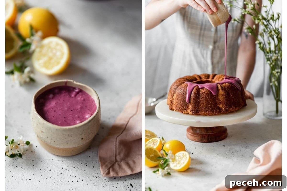 Lemon Sour Cream Pound Cake with Blackberry Glaze 6 Two side images; on the left, a cream bowl filled with pink-purple glaze on a grey counter next to a pink linen, lemons, and white flowers. On the right, a woman wearing a white dress is pouring the glaze over a cake on a white marble cake stand.