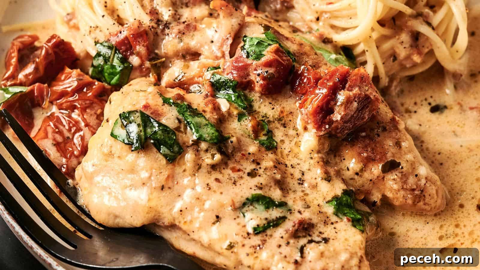 Creamy chicken dish with sun-dried tomatoes, spinach, and black pepper, served with spaghetti on a plate, with a fork on the side.