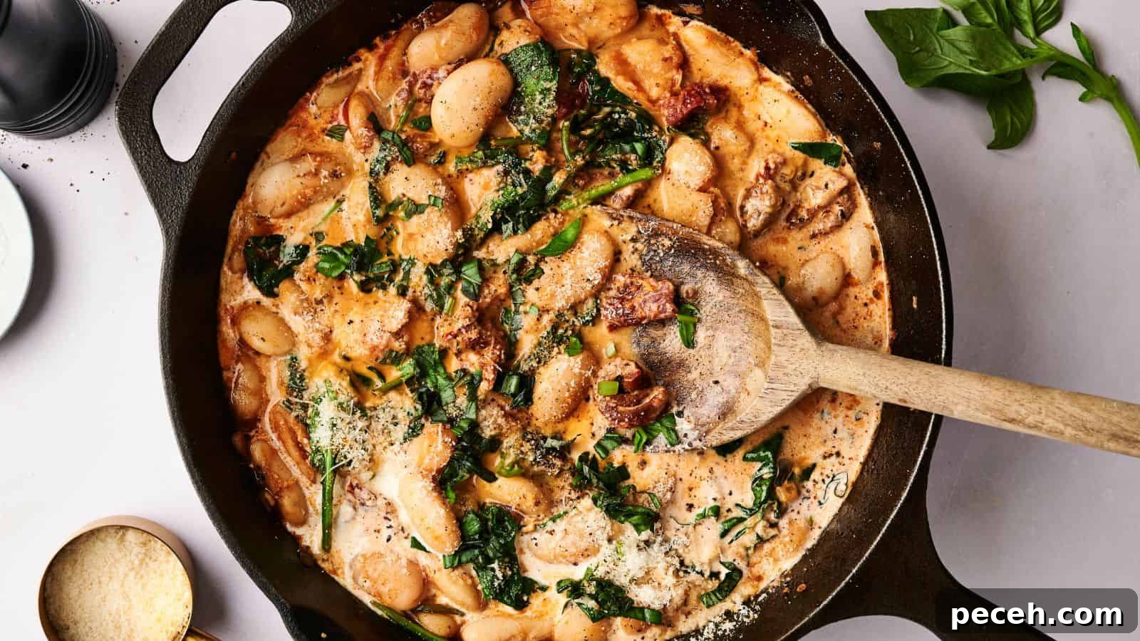 A cast iron skillet with creamy pasta mixed with spinach and sun-dried tomatoes, topped with cheese, with a wooden spoon resting inside.